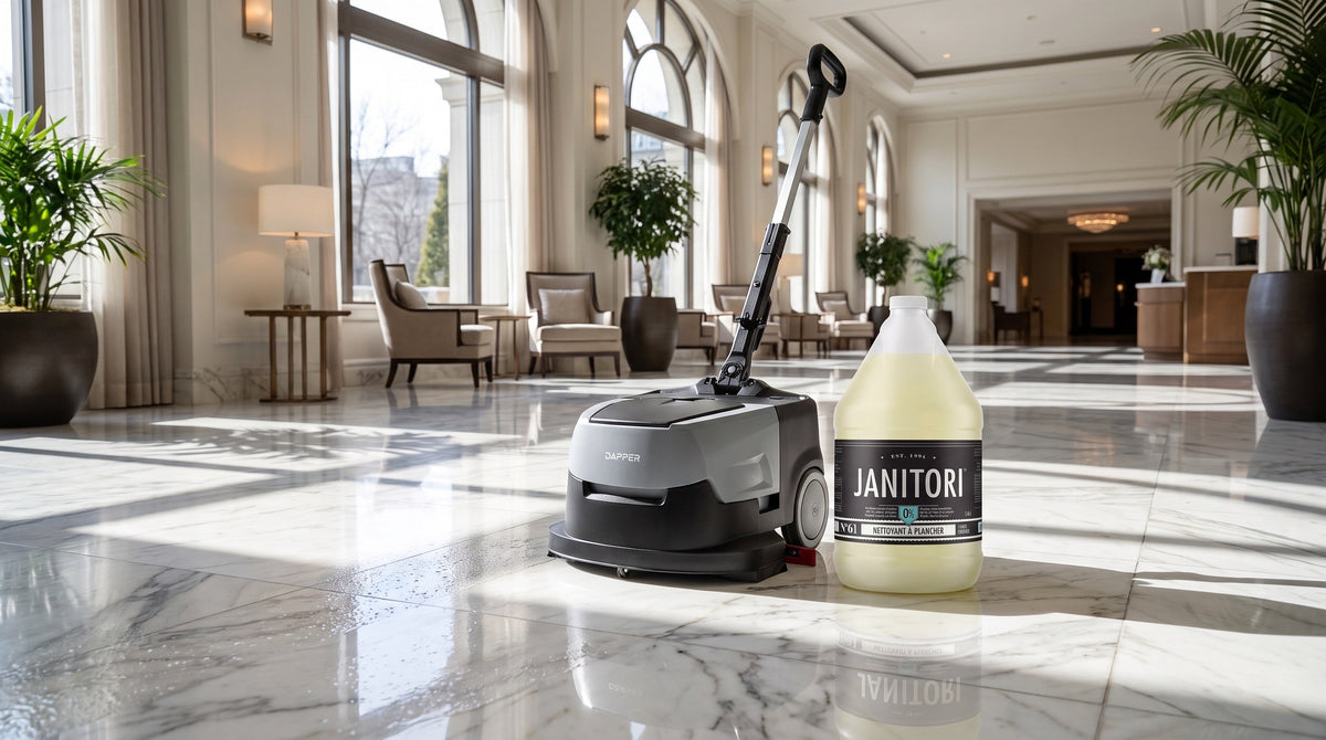 Automatic floor scrubber cleaning a polished marble lobby beside a JANITORI Floor Cleaner No.61 jug