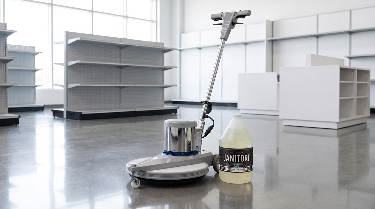 Commercial high-speed burnisher polishing a polished concrete floor in a retail space beside a JANITORI Floor Cleaner No.61 jug