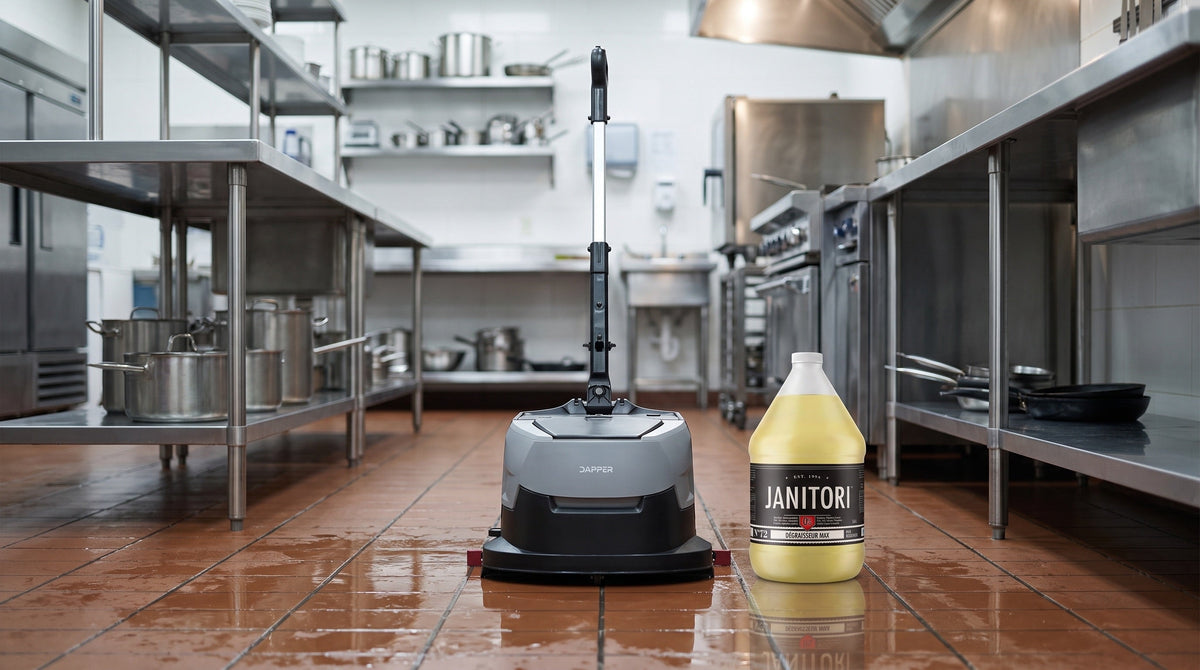 Compact floor scrubber cleaning a restaurant kitchen floor beside a JANITORI Degreaser MAX No.72 jug