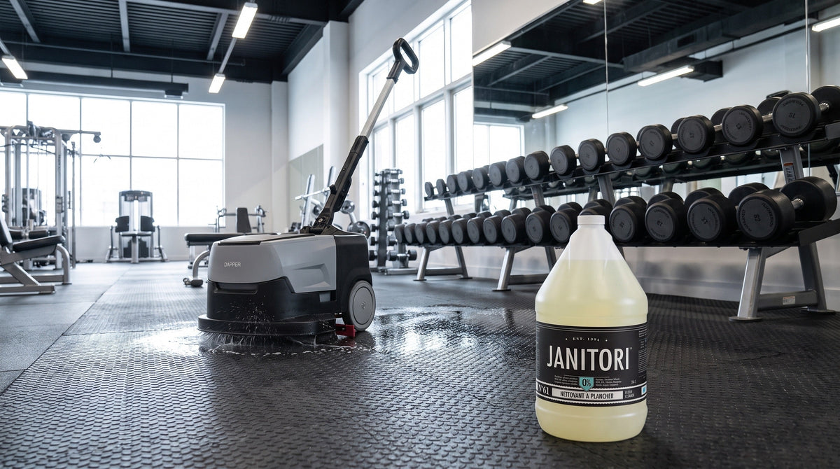 Compact commercial auto scrubber cleaning a black rubber gym floor beside weight racks with a JANITORI Floor Cleaner No.61 jug