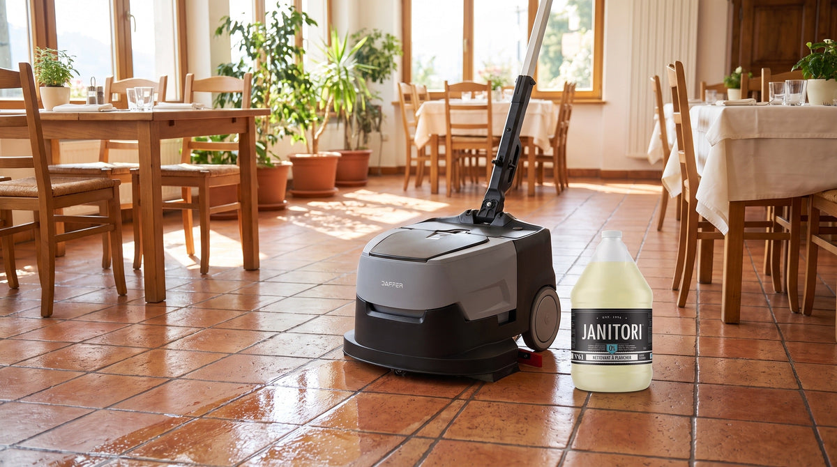 Automatic floor scrubber cleaning a terracotta tile floor in a restaurant beside a JANITORI Floor Cleaner No.61 jug