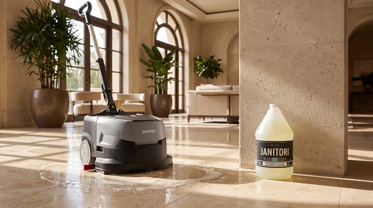 Automatic floor scrubber cleaning a honed travertine hotel lobby beside a JANITORI Floor Cleaner No.61 jug