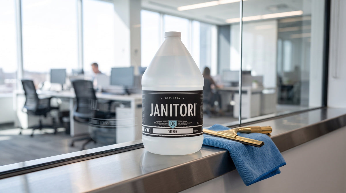 JANITORI No.01 window cleaner on a ledge beside a streak-free commercial office window
