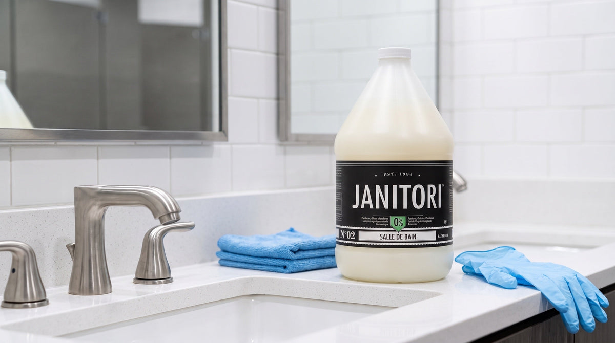 JANITORI No.02 bathroom cleaner on a commercial washroom counter with cloths and gloves