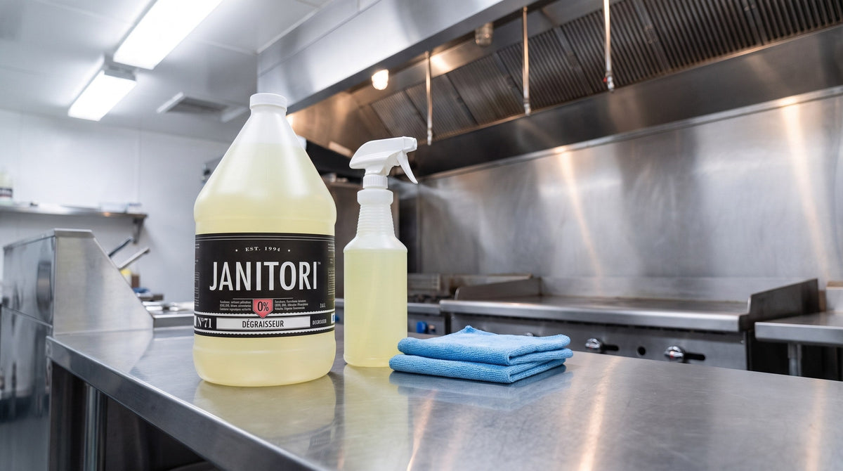Janitori No.71 degreaser with a spray bottle and microfibre cloths on a stainless prep counter in a commercial kitchen