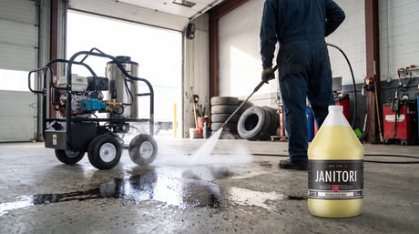 Worker rinsing an oil stain off a truck-shop concrete floor with a hot-water pressure washer, JANITORI Degreaser MAX No.72 jug in the foreground