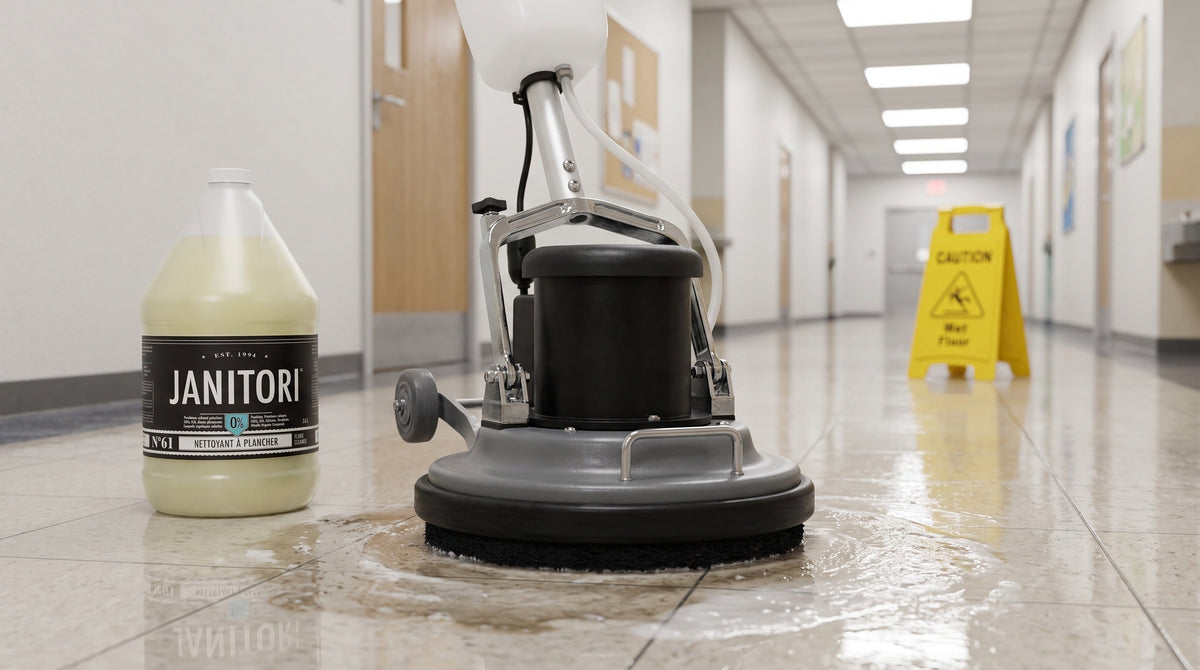 Commercial floor machine with a black stripping pad on a resilient tile floor beside a JANITORI Floor Cleaner No.61 jug