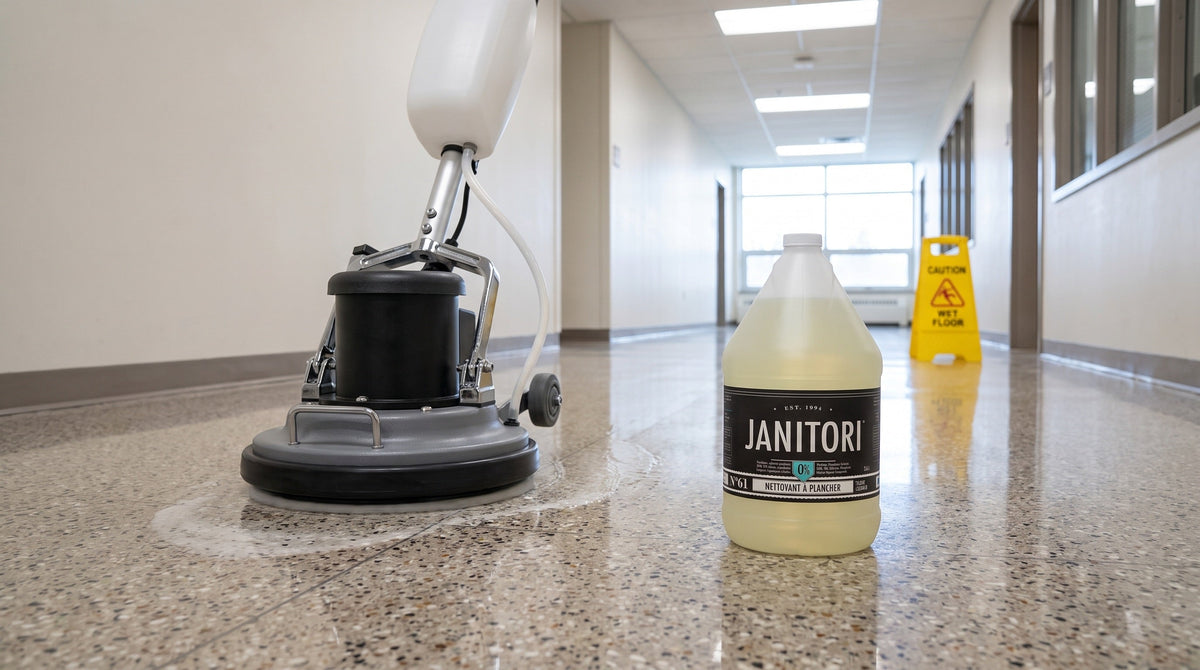 Commercial random-orbit floor machine cleaning a hard floor in a corridor beside a JANITORI Floor Cleaner No.61 jug