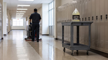 Custodian walking a walk-behind auto scrubber down a school hallway with polished tile floors, JANITORI Floor Cleaner No.61 jug on a janitorial cart