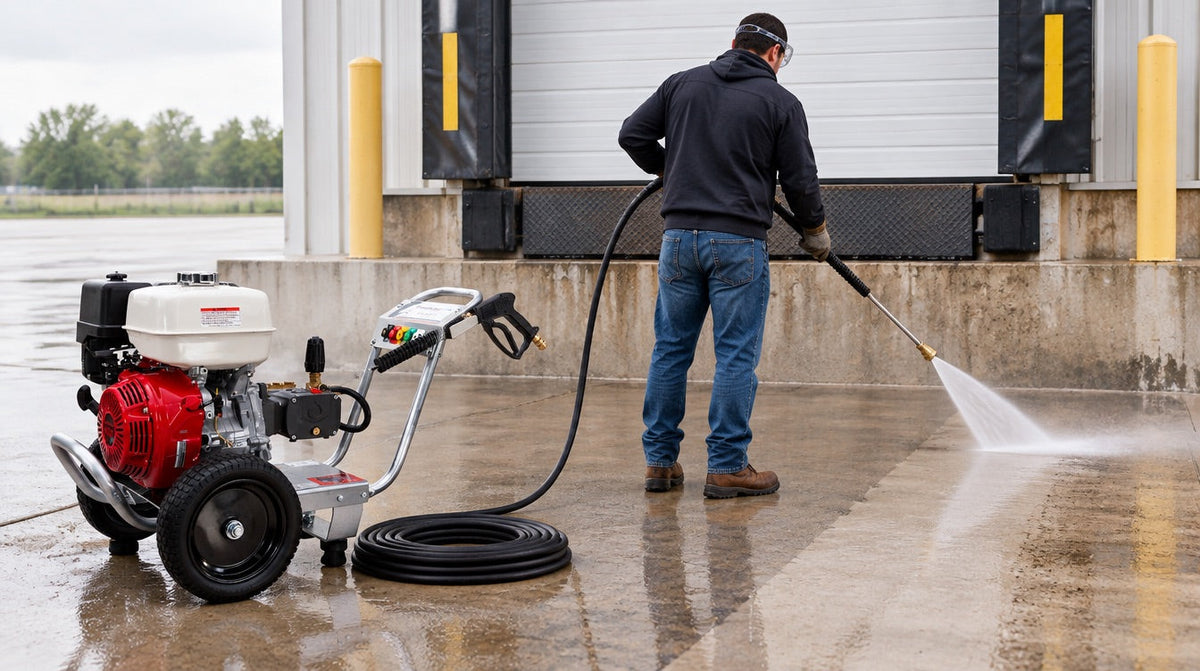 Operator in boots and gloves using a pressure washer wand with a wide fan tip to clean a concrete loading dock, gas pressure washer and coiled hose beside them