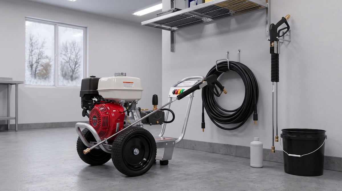 Gas pressure washer stored on a clean concrete floor in a utility room with its hose coiled on a wall hook, gun and wand stored upright and a frosty window behind