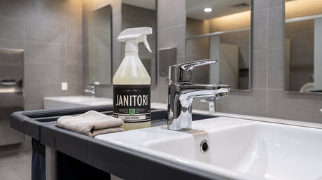 JANITORI Bathroom Cleaner No.02 spray bottle on a commercial washroom sink beside a clean, unscratched chrome faucet