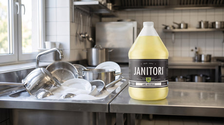 JANITORI Dishwash No.81 phosphate-free dish soap on a commercial kitchen counter