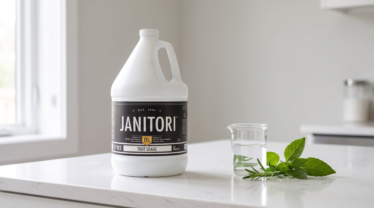 JANITORI No.03 all-purpose cleaner on a white counter with a beaker and green leaves