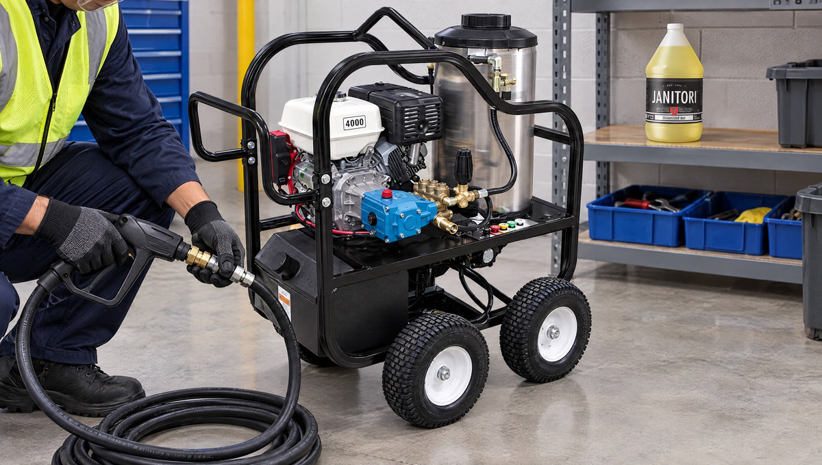 Technician in safety glasses and gloves inspecting the high-pressure hose and spray gun of a gas pressure washer on a service bench, a JANITORI Degreaser MAX No.72 jug on the shelf behind
