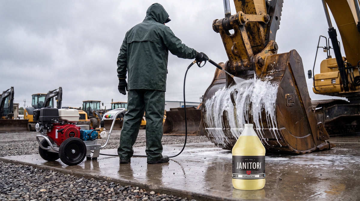 Operator applying low-pressure degreaser foam to a greasy excavator bucket with a gas pressure washer, JANITORI Degreaser MAX No.72 jug on the wash pad