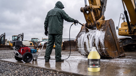 Operator applying low-pressure degreaser foam to a greasy excavator bucket with a gas pressure washer, JANITORI Degreaser MAX No.72 jug on the wash pad