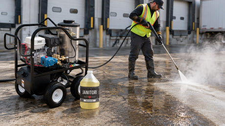Operator in a safety vest and gloves pressure washing a grease-stained concrete loading dock with steam rising, a hot-water gas pressure washer on wheels and a JANITORI Degreaser MAX No.72 jug beside it