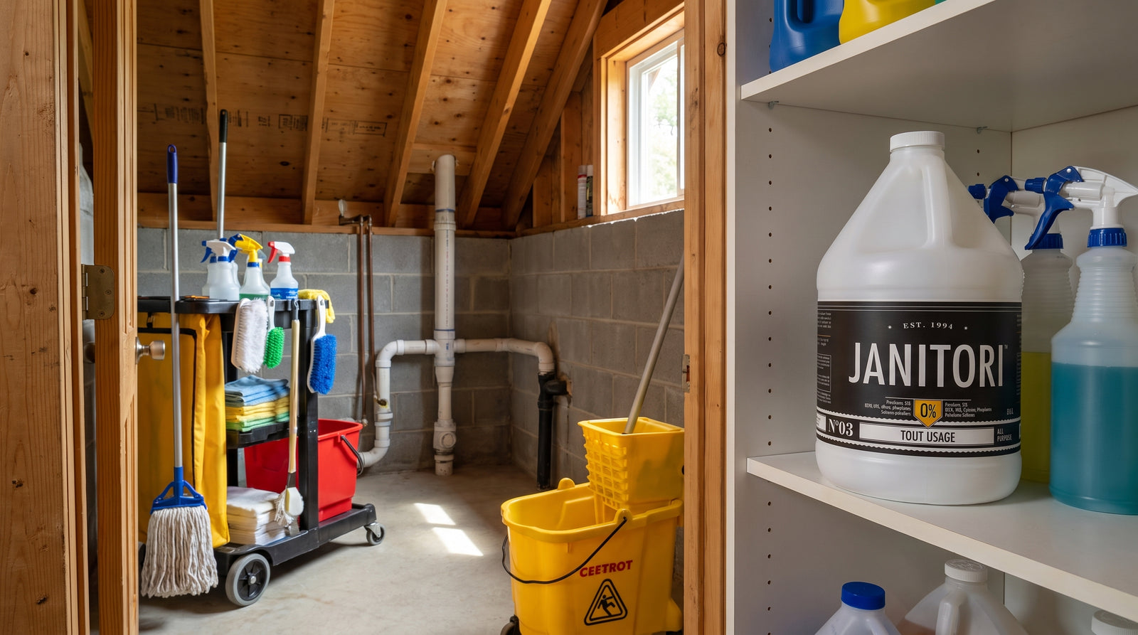 Janitori biodegradable all-purpose cleaner in a facility utility closet, representing septic-safe commercial cleaning products