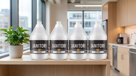 A row of JANITORI No.03 all-purpose cleaners on a shelf in a bright office breakroom
