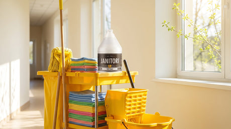 JANITORI all-purpose cleaner on a yellow janitorial cart in a sunlit hallway