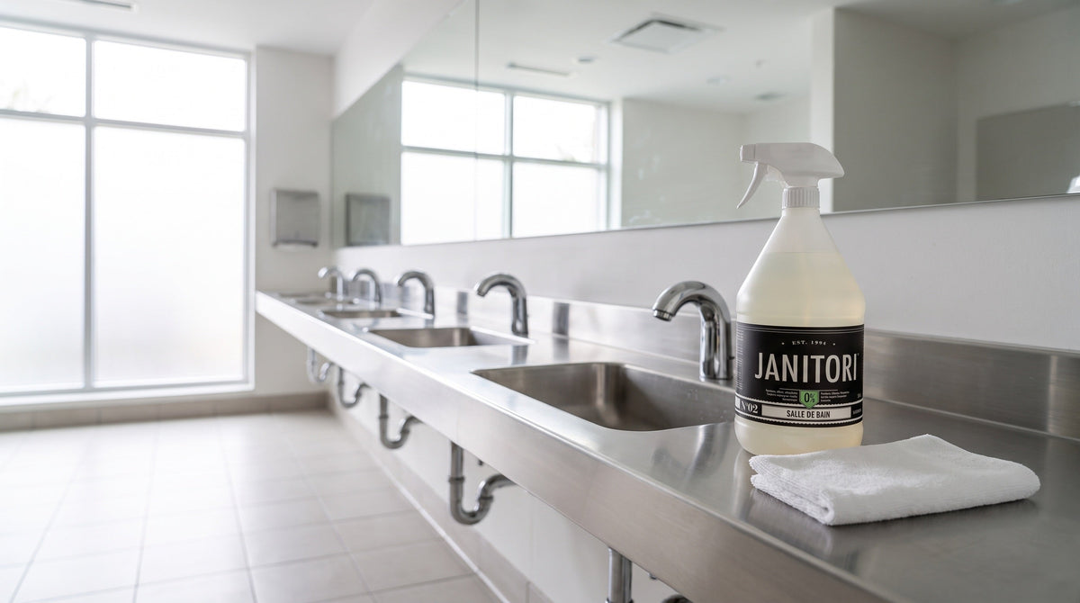 JANITORI Bathroom Cleaner No.02 spray bottle and a folded microfiber cloth on the stainless counter of a bright commercial washroom
