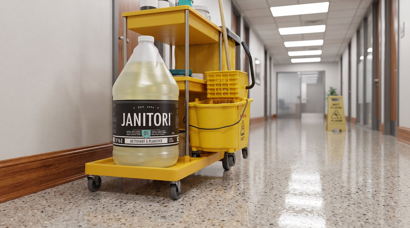 Janitori pH-neutral floor cleaner in a commercial facility hallway