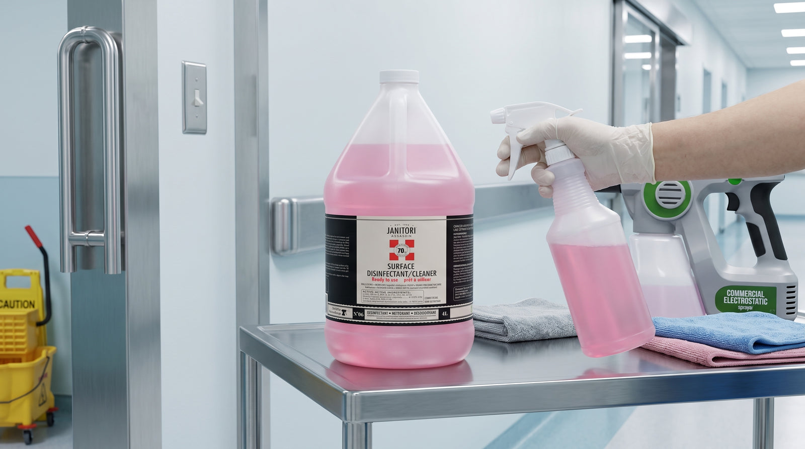 Commercial hospital-grade disinfectant spray in a facility setting