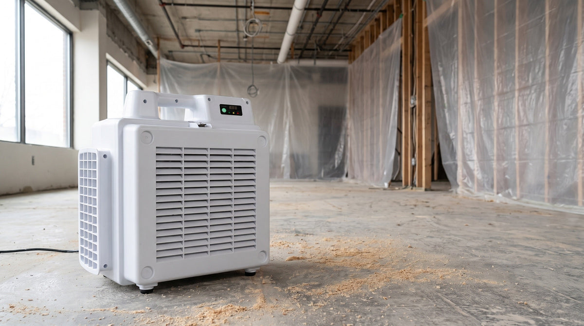 Portable commercial HEPA air scrubber running in a gutted commercial space with plastic sheeting and exposed ceiling during renovation