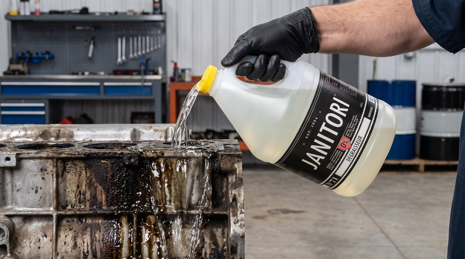 Applying JANITORI alkaline degreaser No.71 to heavy grease buildup in a commercial facility