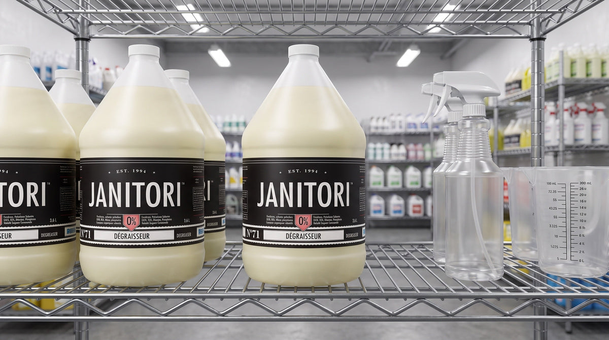 JANITORI No.71 degreaser 4L jugs on a supply-room shelf with a dilution measuring jug