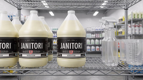 JANITORI No.71 degreaser 4L jugs on a supply-room shelf with a dilution measuring jug