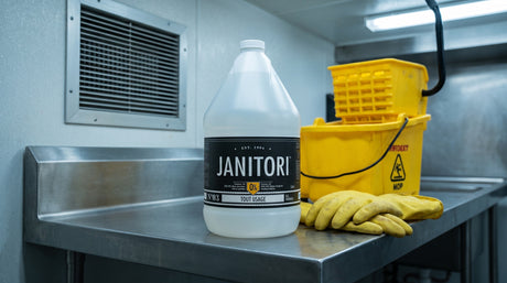 JANITORI all-purpose cleaner on a steel counter in a janitorial room with mop bucket