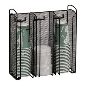 Safco Onyx Cup & Lid Holder — 3-Compartment Steel Mesh Breakroom Organizer, Black