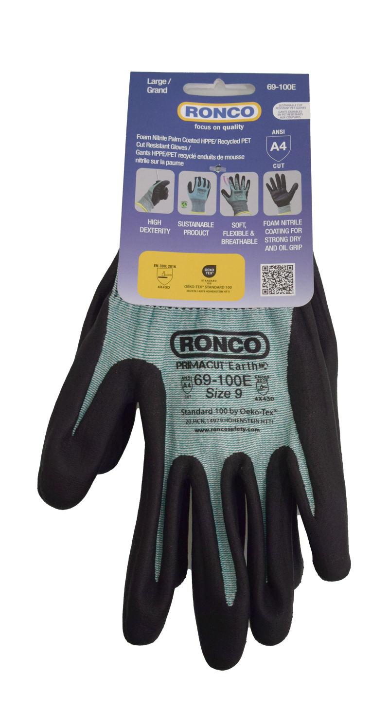 RONCO PrimaCut Earth 69-100E Cut-Resistant Gloves — Large, Foam Nitrile Coated (Case of 48 Pairs)