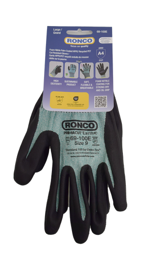 RONCO PrimaCut Earth 69-100E Cut-Resistant Gloves — Large, Foam Nitrile Coated (Case of 48 Pairs)