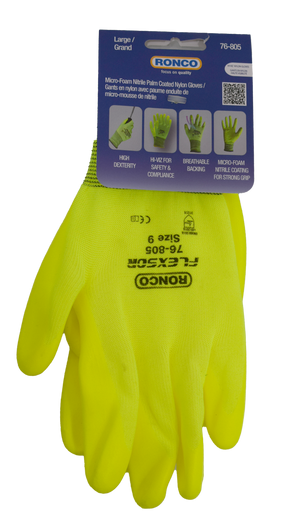 RONCO Flexsor 76-805 Hi-Viz Micro-Foam Nitrile Palm Gloves — X-Large