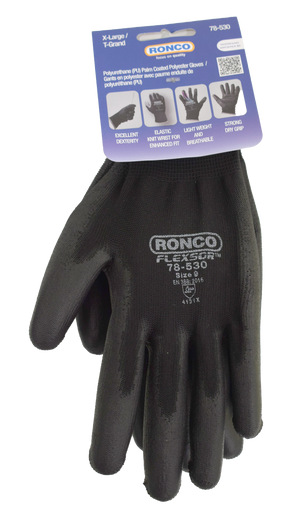 RONCO Flexsor 78-530 PU Palm-Coated Work Gloves — X-Large, Black (Case of 72 Pairs)