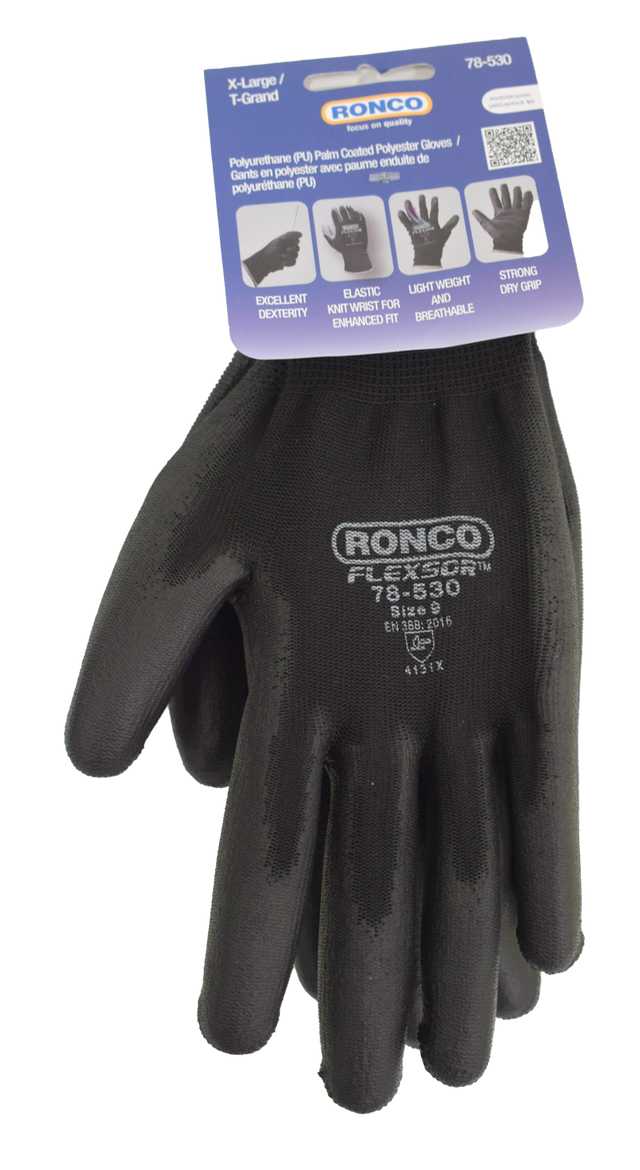 RONCO Flexsor 78-530 PU Palm-Coated Work Gloves — X-Large, Black (Case of 72 Pairs)