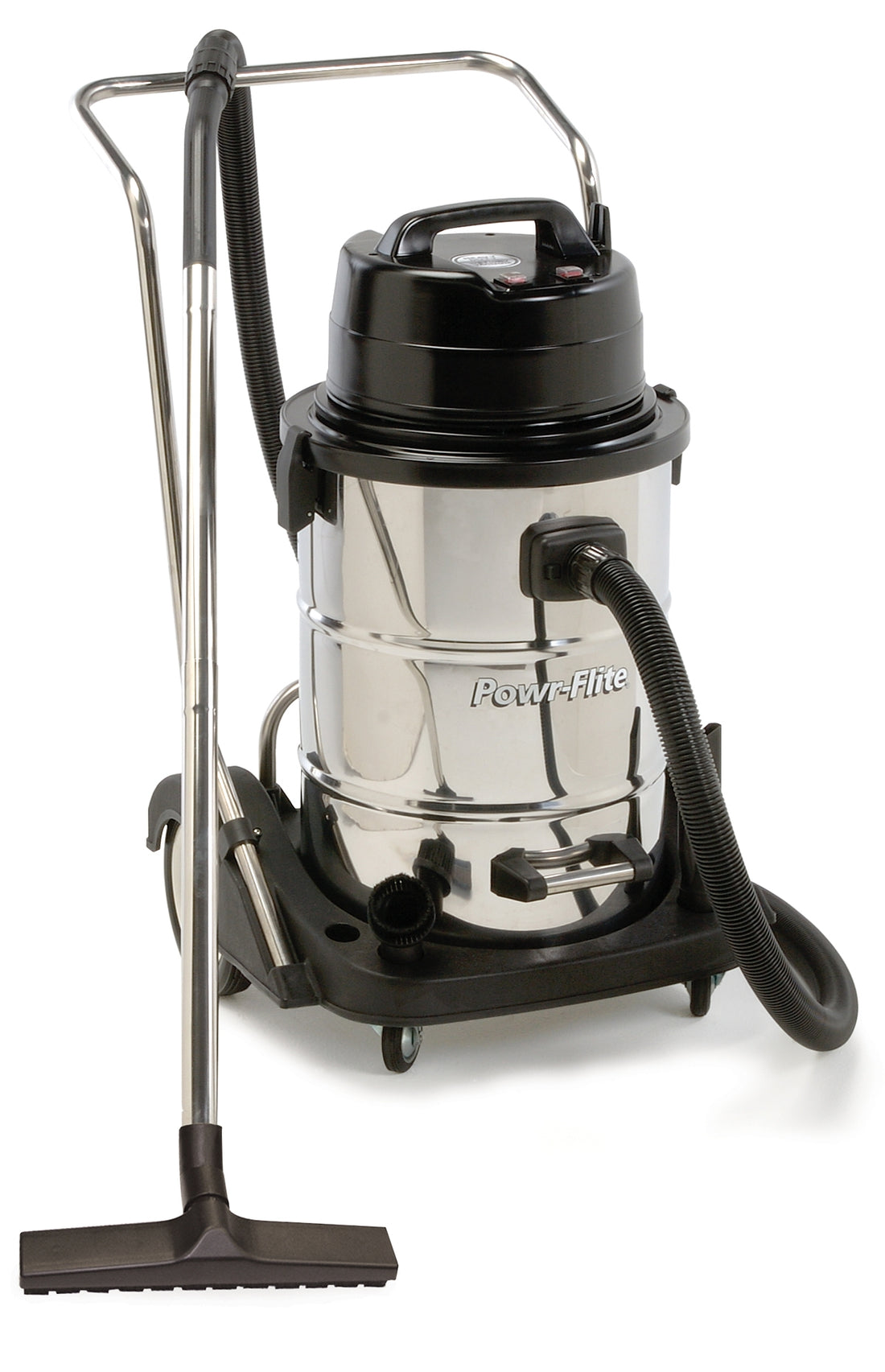Powr-Flite PF57 Dual-Motor Wet/Dry Vacuum — 20 gal 18-ga stainless, dual 1.6 HP, 192 CFM, 80" lift, tip & pour