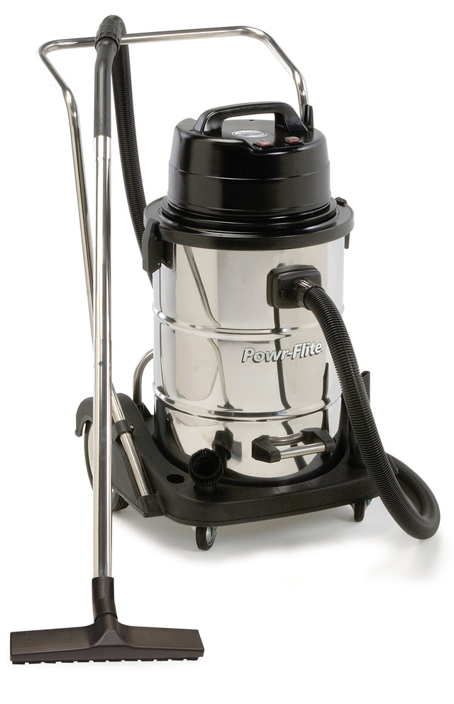 Powr-Flite PF57 Dual-Motor Wet/Dry Vacuum — 20 gal 18-ga stainless, dual 1.6 HP, 192 CFM, 80" lift, tip & pour