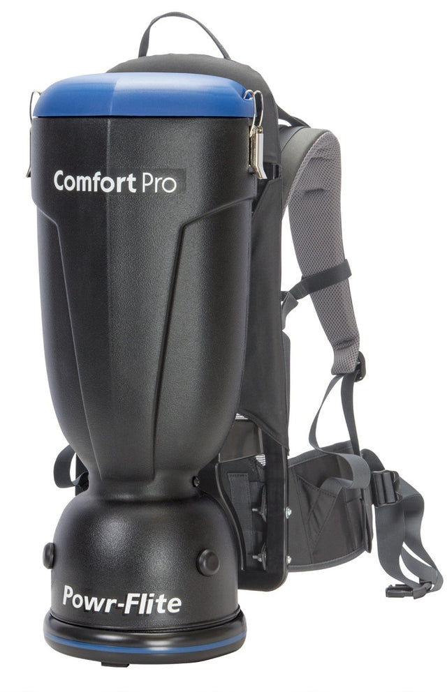 Powr-Flite Comfort Pro BP10P Premium Backpack Vacuum — 10 qt, 5-stage HEPA, 130 CFM, 110" lift, 62 dBA, CRI Gold