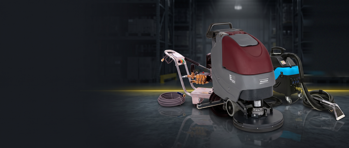 Commercial floor scrubber, carpet extractor and pressure washer in a warehouse