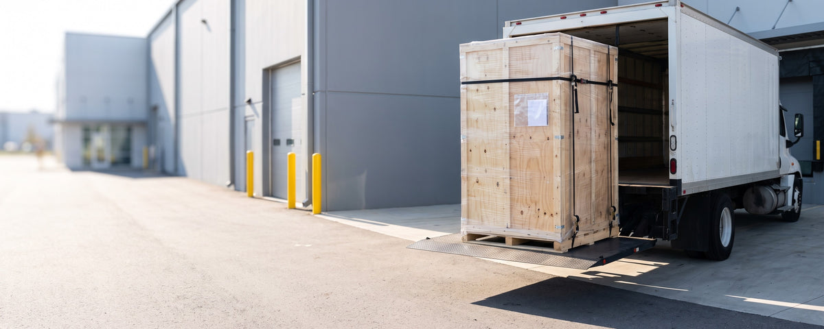 Crated machine on a pallet being lowered from a freight truck liftgate