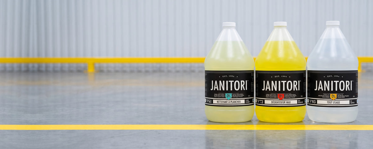 Three Janitori cleaning products in 3.6 L jugs: Floor Cleaner No.61, Degreaser MAX No.72 and All-Purpose Cleaner No.03