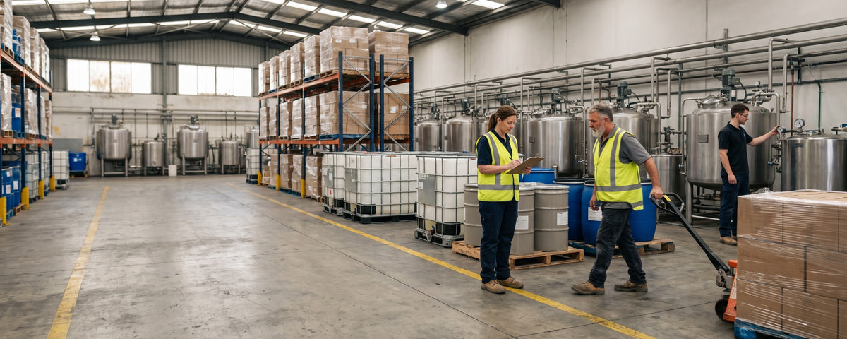 Three workers in high-visibility vests on the floor of a chemical blending and packaging plant