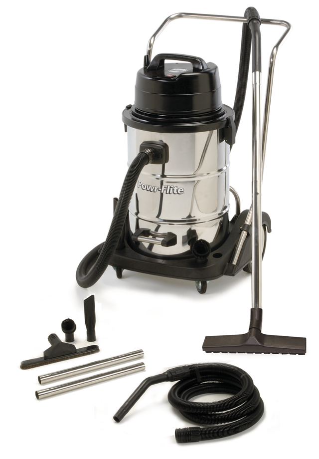 Powr-Flite PF55 Wet/Dry Vacuum — 20 gal 18-ga stainless, 1200 W, 114 CFM, 100" lift, tip & pour