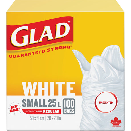 Glad Small 25L Unscented Garbage Bags, Regular, 20" W x 20" L, White