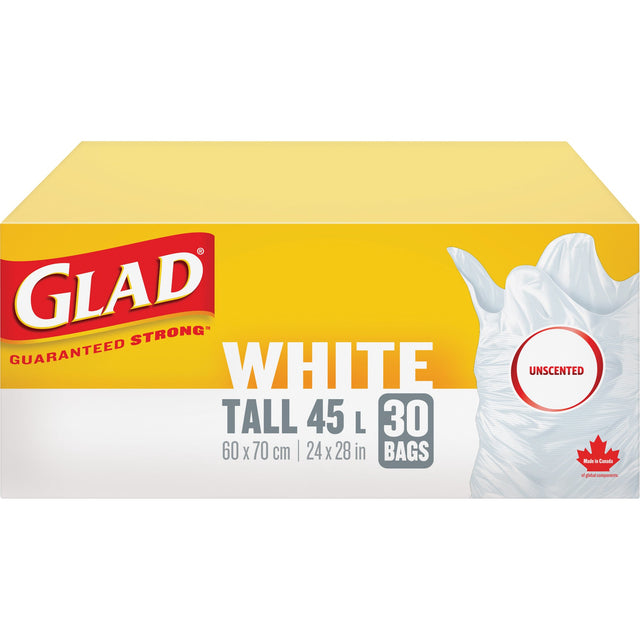 Glad Tall 45L Unscented Garbage Bags, Regular, 24" W x 28" L, White