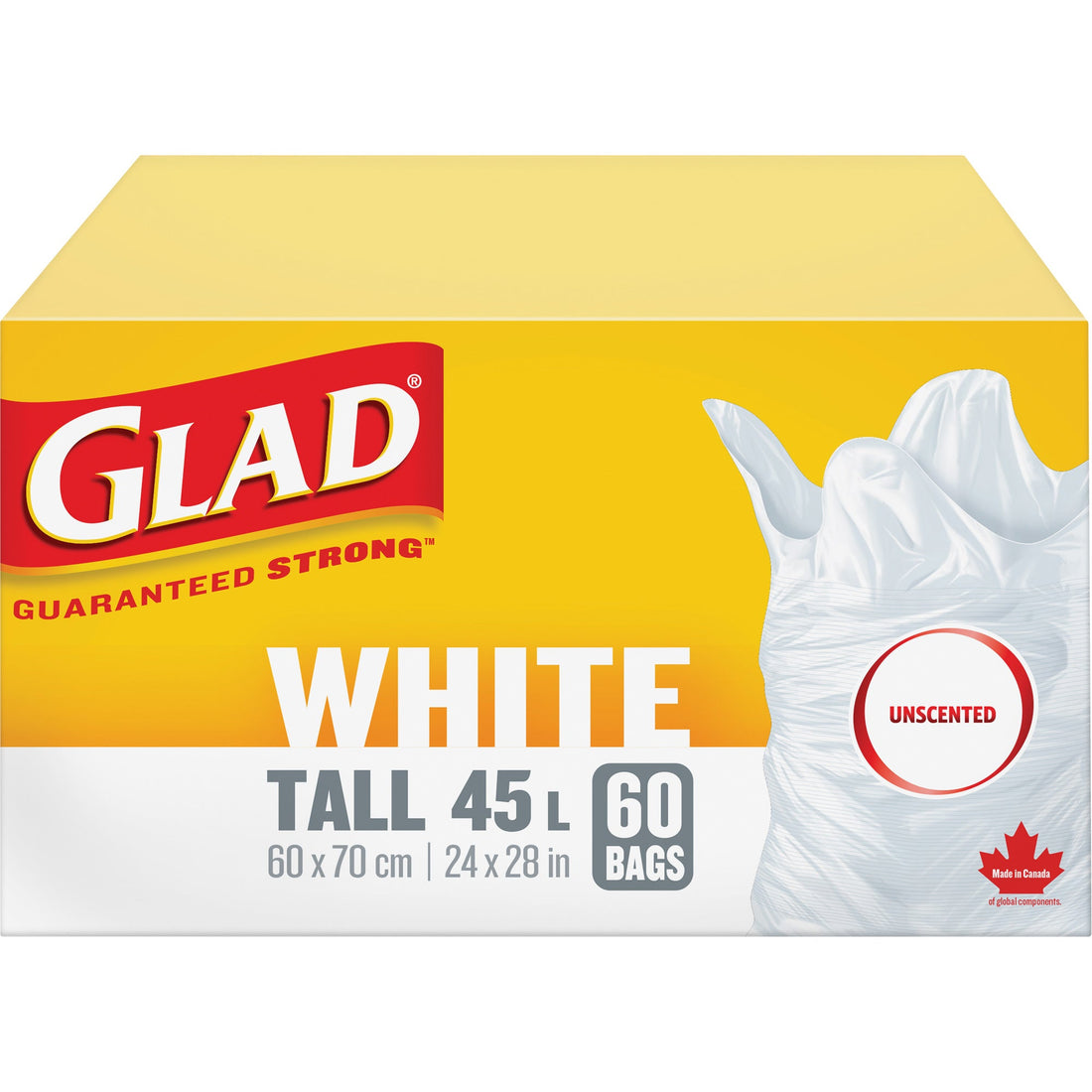Glad Tall 45L Unscented Garbage Bags, Regular, 24" W x 28" L, White